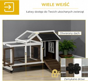 PawHut Kojec dla królików miniaturowych i świnek morskich, z kółkami, 108 x 58 x 73,5 cm, kawowy