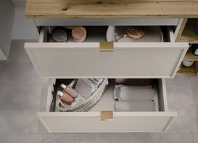 Wisząca szafka łazienkowa Bella 100 cm z blatem i regałem, kaszmir/dąb artisan