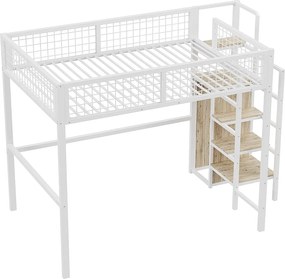 Łóżko mezzanine dla dzieci 140x200 cm z metalową konstrukcją - z drabiną do przechowywania i szafą - Białe
