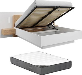 Łóżko ze skrzynią i szafkami nocnymi 160 x 200 cm - 2 szuflady - Z oświetleniem LED - Kolor: Biały i naturalny + Materac - FRANCOLI