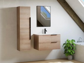 Szafka łazienkowa wisząca  z umywalką do zabudowy i kolumną - Jasny naturalny - 80 cm - NISAYA