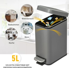 HOMCOM Kosz na śmieci 5L z pedałem i pokrywą Szary do salonu 29.2x14x32cm | Aosom PL
