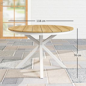 Outsunny Stół Ogrodowy Ø118cm, Wodoodporny Stół Balkonowy z Aluminium, Krzyżujące się nogi z projektem Lamel Teak