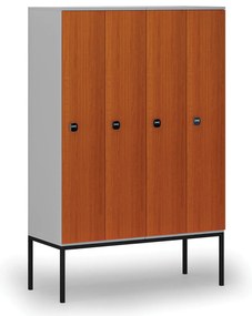 Drewniana szafa ubraniowa z podstawą, 4-drzwiowa, 1871 x 1200 x 500 mm, demontaż, zamek RFID, szary/czereśnia