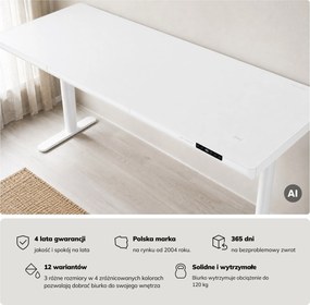 Biurko elektryczne sit-stand z szufladą i ładowarką bezprzewodową Qi białe, 1600 mm: ELLIS