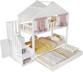 Łóżko piętrowe dziecięce 90x200 cm - Z wysuwanym łóżkiem - z drabiną z pojemnikami i szafą - lite drewno + MDF - biały​ (bez materaca)