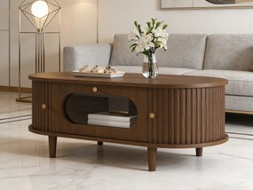 Stolik kawowy z imitacją drewna 100x50x36 cm - 1 szuflada i 2 drzwi przesuwne - MDF - Brązowy