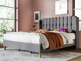 Łóżko 180x200cm tapicerowane lnem - z portami ładowania i stelażem na listwy - Szare