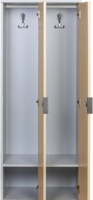 Drewniana szafa ubraniowa S4 z ławką, 2-drzwiowa, 1871 x 600 x 500/800 mm, demontaż, zamek RFID, szary/czerwony