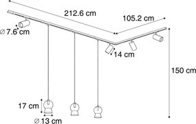 Nowoczesny system szynowy czarny z 4 reflektorami i 3 białymi lampami wiszącymi 1-fazowy - Iconic Bell Jeana Luxe