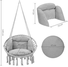 Detex Wiszące krzesło BOHO z poduszkami, Ø61cm, jasnoszara