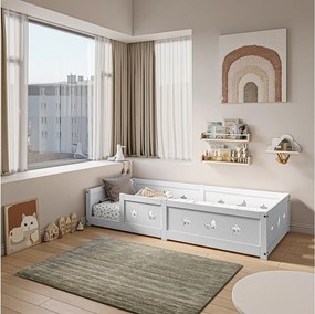 Łóżko dziecięce Montessori 90×200 cm z litego drewna sosnowego z barierką zabezpieczającą i motywem księżyca i gwiazd – białe