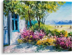 Obraz ogrodu przed domem, obraz olejny (70x50 cm)