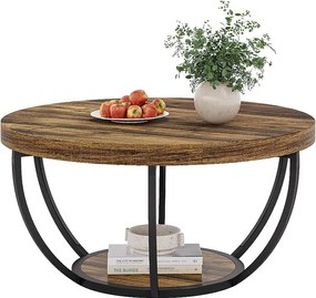 Industrialny, 2-poziomowy okrągły stolik kawowy z półkami do przechowywania, 80 cm, nowoczesny, drewniany stolik centralny