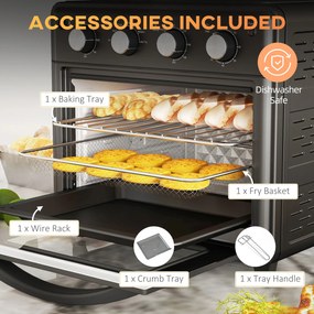 HOMCOM Minipiekarnik, Frytkownica z Powietrzem, 90-230°C, 7 Programów, Akcesoria, Czarny