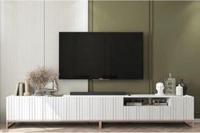 Szafka RTV z 7 drzwiami i wnęką – korpus Biały mat, ryflowane fronty Biały mat – 300 cm, metalowy stelaż