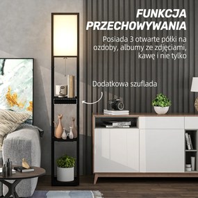 HOMCOM Lampa Stojąca z 3-Poziomową Półką, Przełącznikiem Nożnym, Portami USB, MDF, Czarny