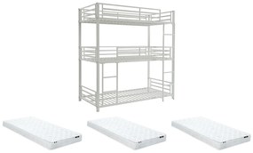 Potrójne łóżko piętrowe 3 x 90 x 190 cm – Metal – Biały + Materac – ELOUAN III