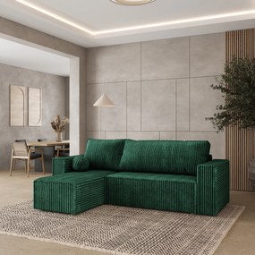 Masseno Narożnik RAVELO z funkcją spania i pojemnikiem na pościel Narozniki L, Rozkładana sofa - Butelkowa zieleń, TILIA 39