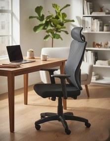 Obrotowy czarny ergonomiczny fotel z zagłówkiem i regulowanym oparciem S0-H70