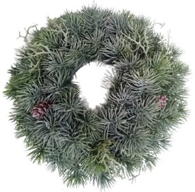 Świąteczny wieniec z gałązek sosny pokryty szronemi trawą, średnica 30 cm