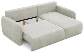 Kremowy narożnik rozkładany z tkaniny szenilowej ze schowkiem (prawostronny/z szezlongiem) Lilo – Makamii