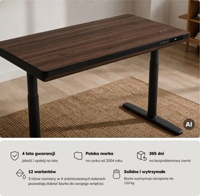 Biurko elektryczne sit-stand z szufladą i ładowarką bezprzewodową Qi czarne/orzech, 1200 mm: ELLIS