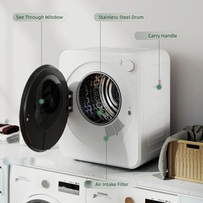 HOMCOM Mini suszarka do ubrań 4 kg z 5 programami do 60℃ 800W/400W suszarka wywiewna z odwracalnym bębnem ze stali nierdzewnej, biały | Aosom PL