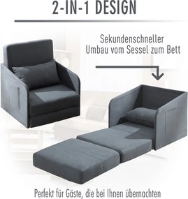 HOMCOM® sofa do spania sofa rozkładana sofa pojedyncza pokrowiec do prania 2 kieszenie boczne poduszka metal szary 70 x 76 x 77 cm