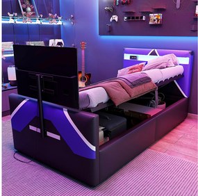Łóżko dziecięce z pojemnikiem - 90 x 200 cm - z diodami LED + schowek hydrauliczny + zintegrowany stojak pod TV - PU - czarny + fioletowy