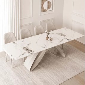 Zestaw stół Twig rozkładany ceramiczny 160-240 biały marmur kaszmir + 4 krzesła Sligo kremowe