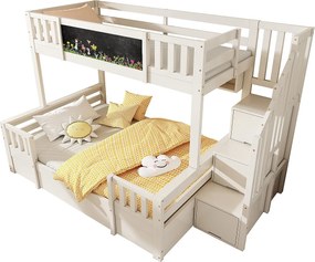 Łóżko piętrowe dla dzieci - 90 x 200 cm + 140 x 200 cm - z drabinką + 2 szuflady + obrazek - drewno + metal - białe