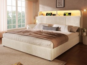Tapicerowane łóżko z pojemnikiem 180x200 cm - z oświetleniem LED - z portami USB i Type-C - z regulowanym wezgłowiem - welur - Beżowy