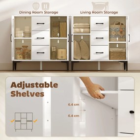 HOMCOM Nowoczesny sideboard z drzwiami z cichym domykaniem, kredens z 3 szufladami i 2 drzwiami ze szkła, regulowane półki, MDF, biały