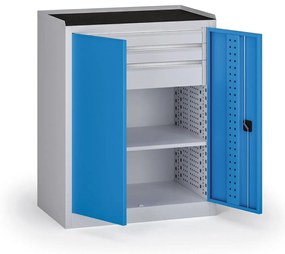 Szafa warsztatowa na narzędzia niska KOVOS, 1 półka, 3 szuflady, 950 x 600 x 1180 mm, niebieski