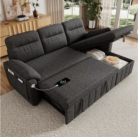 3-osobowa sofa narożna z odwracalnym szezlongiem, schowkiem i portami USB/typu C - Chenille - 208 x 131 x 88 cm - Szara
