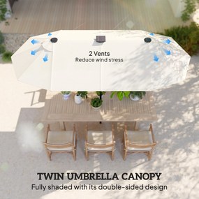 Outsunny Podwójny parasol, parasol tarasowy, nachylny, z panelem słonecznym, 35 diod LED, stal, beżowy, 2,95 x 1,50 x 2,19 m
