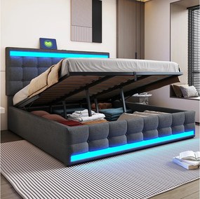 Łóżko z pojemnikiem 180x200 cm, szary len, łóżko podwójne z oświetleniem LED i portem USB – materac nie jest wliczony w cenę