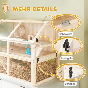 PawHut Klatka dla chomika z drewna 3 poziomy Klatka dla gryzoni z huśtawką, kołowrotkiem, domkiem 95 x 53 x 76 cm naturalne drewno | Aosom PL