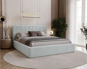 BESILIO Stylowe łóżko tapicerowane 140x200 Persea - stelaż metalowy, pojemnik na pościel, ozdobna lamówka - Jasnoszary