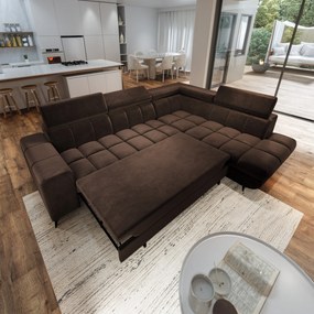Masseno Narożnik MORIVA z funkcją spania i pojemnikiem na pościel Narozniki L, Rozkładana sofa - Brązowy, MONOLITH 29