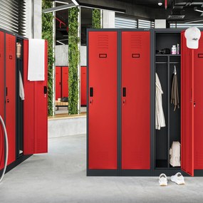 Szafka ubraniowa BHP antracytowo-czerwona: czterokomorowa KACPER, 800 x 1800 x 500 mm