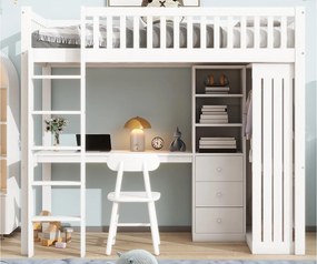 Łóżko piętrowe drewniane 90x200 cm - z biurkiem i szafą - białe