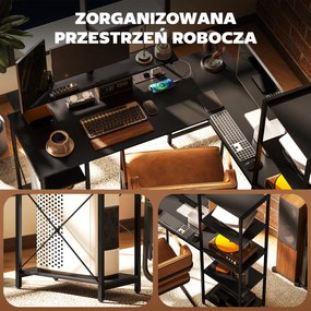 HOMCOM Biurko narożne L-kształtne z ładowarką, komputer stół narożny z podstawką pod monitor i półkami, do domowego biura, czarne