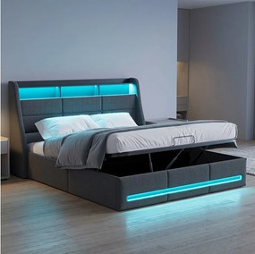 Tapicerowane łóżko z pojemnikiem 140x190 cm z podświetlaną głowicą LED i podnoszeniem hydraulicznym - Len - Szary