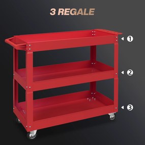 DURHAND 3-poziomowy wózek narzędziowy, 4 koła, stal, 83S x 35,3G x 76W cm, Czerwony