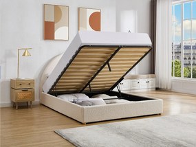 Łóżko ze skrzynią 160 x 200 cm - Tkanina z bukli - Biały – CALIDORYA