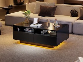 Stolik kawowy z 4 szufladami - 90 x 55 x 35 cm - LED - Płyta wiórowa - do salonu - Czarny połysk