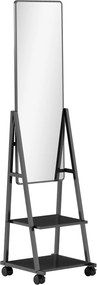 HOMCOM Mobilne Lustro Pełnej Długości z 2 Półkami i 4 Kołami, do Sypialni, Salonu, Przedpokoju, Czarny