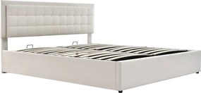 Łóżko z pojemnikiem 140x200 cm - Łóżko dla dorosłych z podświetlanym zagłówkiem LED - skóra biała - materac w komplecie